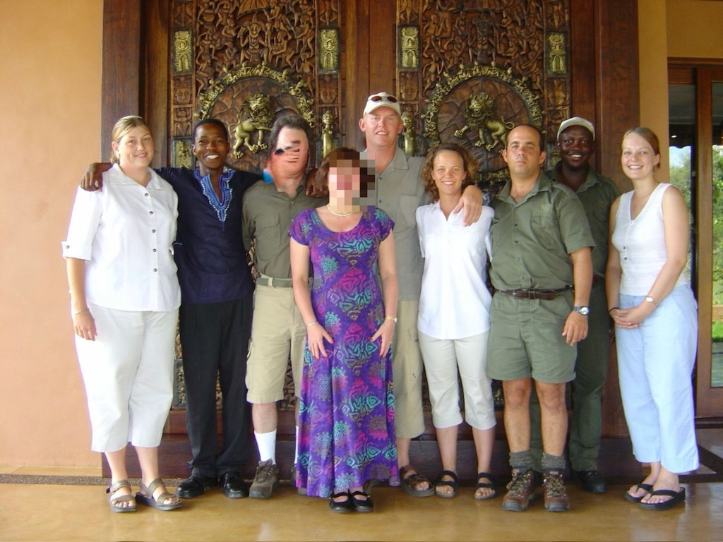 VIP guests and lodge staff at the safari lodge entrance in South Africa, February 2004